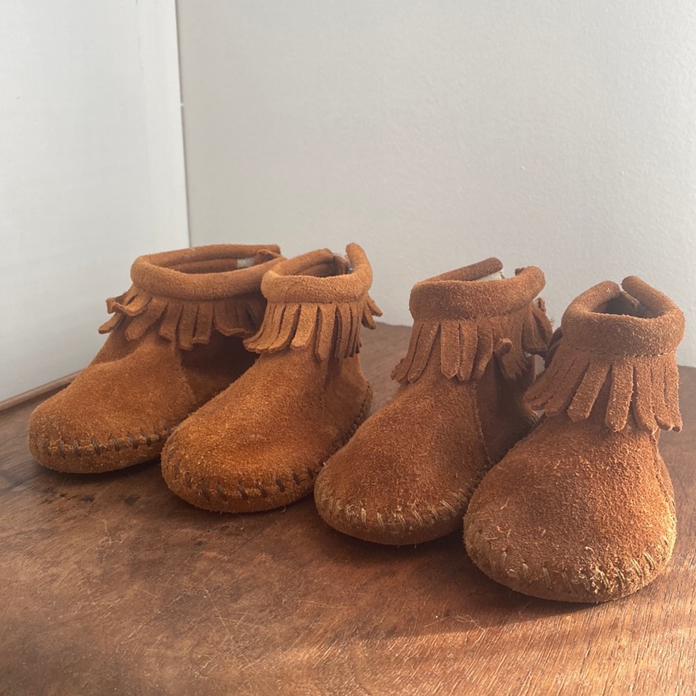 Size 1 and size 2 Minnetonka baby walking moccasins